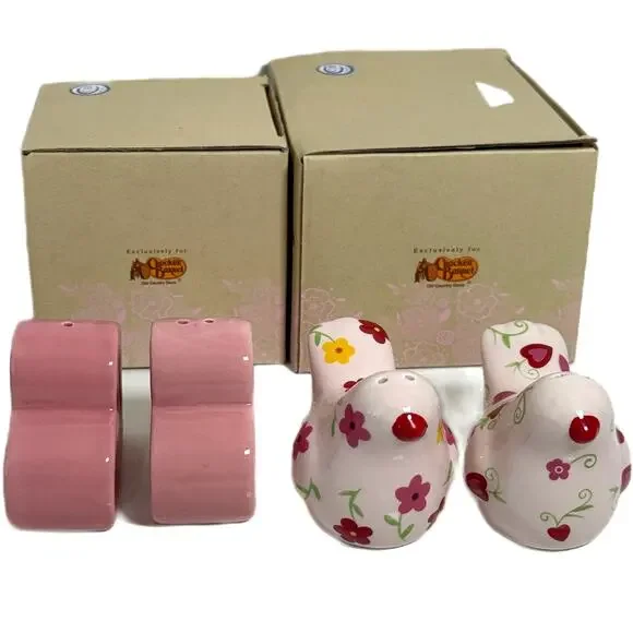 Lot of 2 Cracker Barrel Ceramic Salt Pepper Shakers Hearts Pink Floral Birds